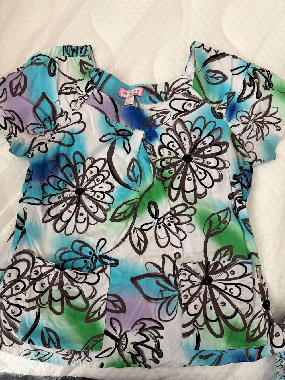 koi Floral Scrub Top in Teal, Green, Purple, Black